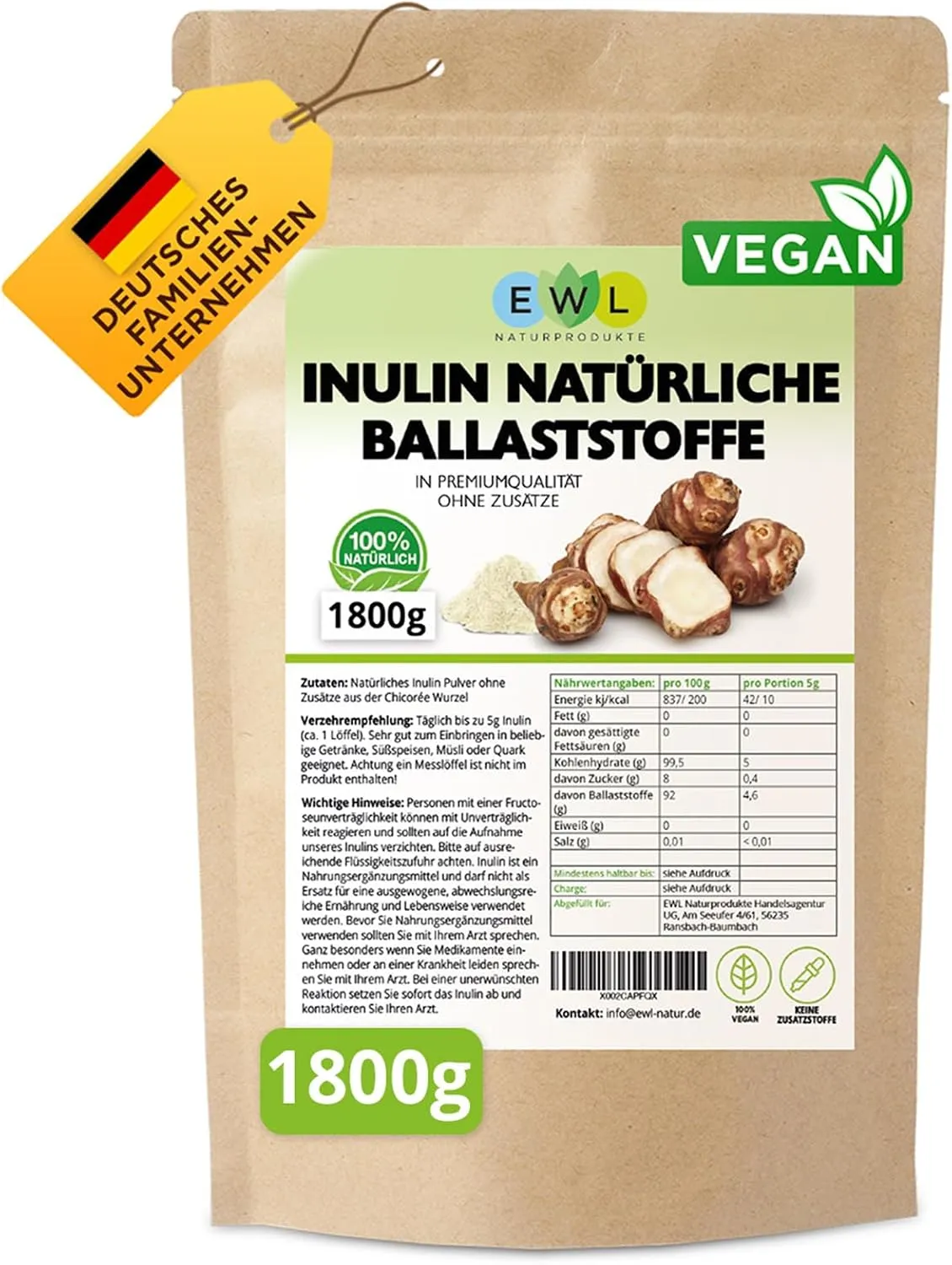 Inulin Natürliche Ballaststoffe aus Chicorée Wurzel | 1,8 kg